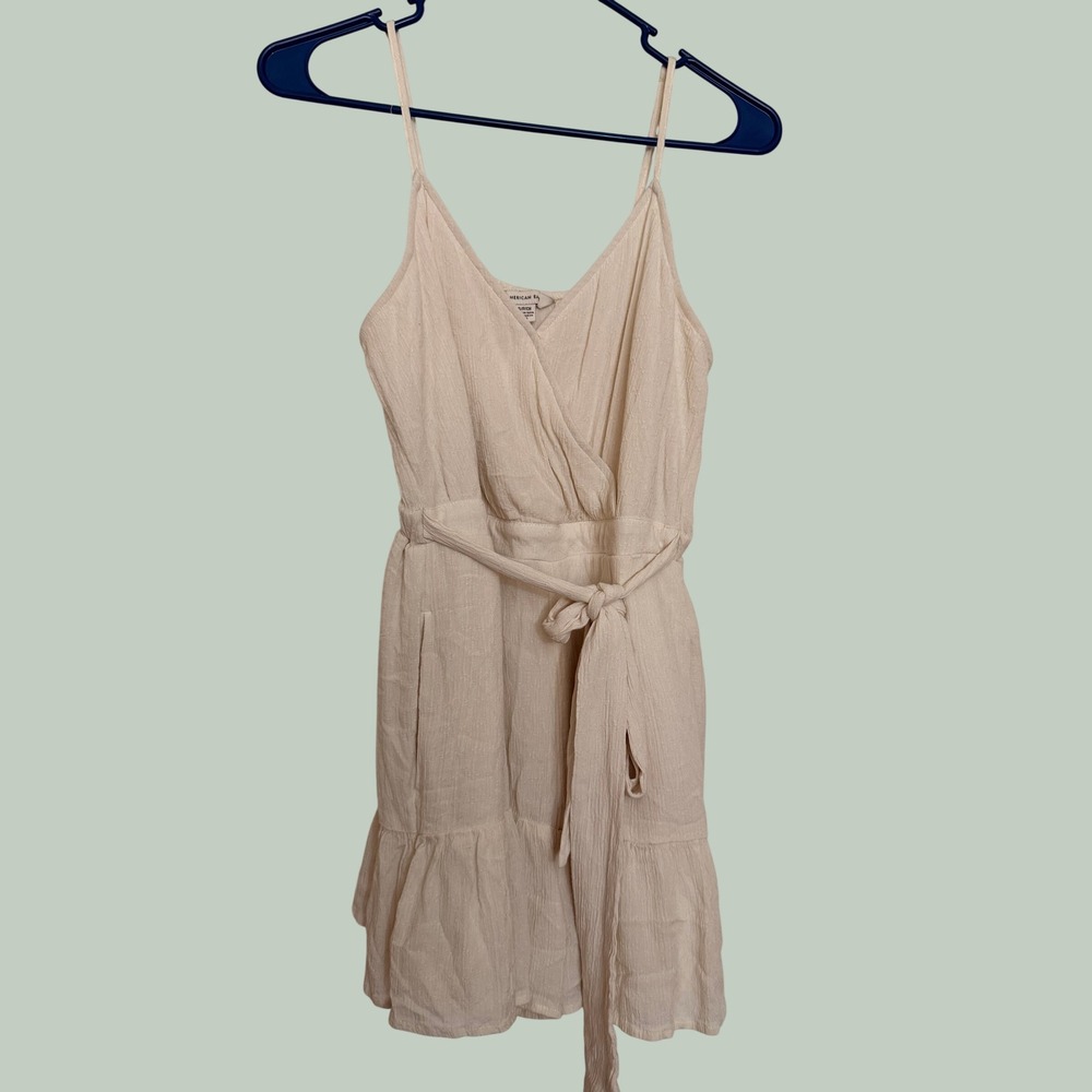 American Eagle Women Dress Cream Gauze Faux Wrap Tie Waist S